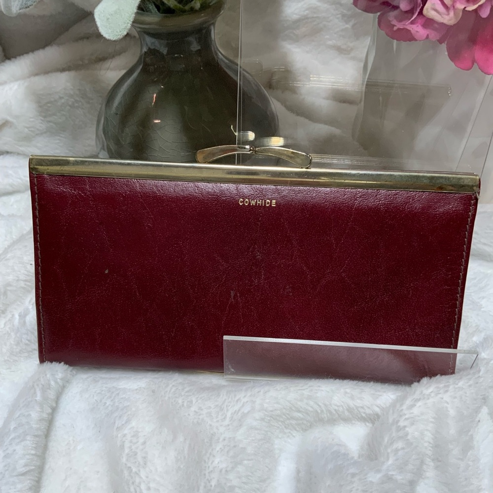 Vintage Burgundy Leather Clutch with Gold Accents